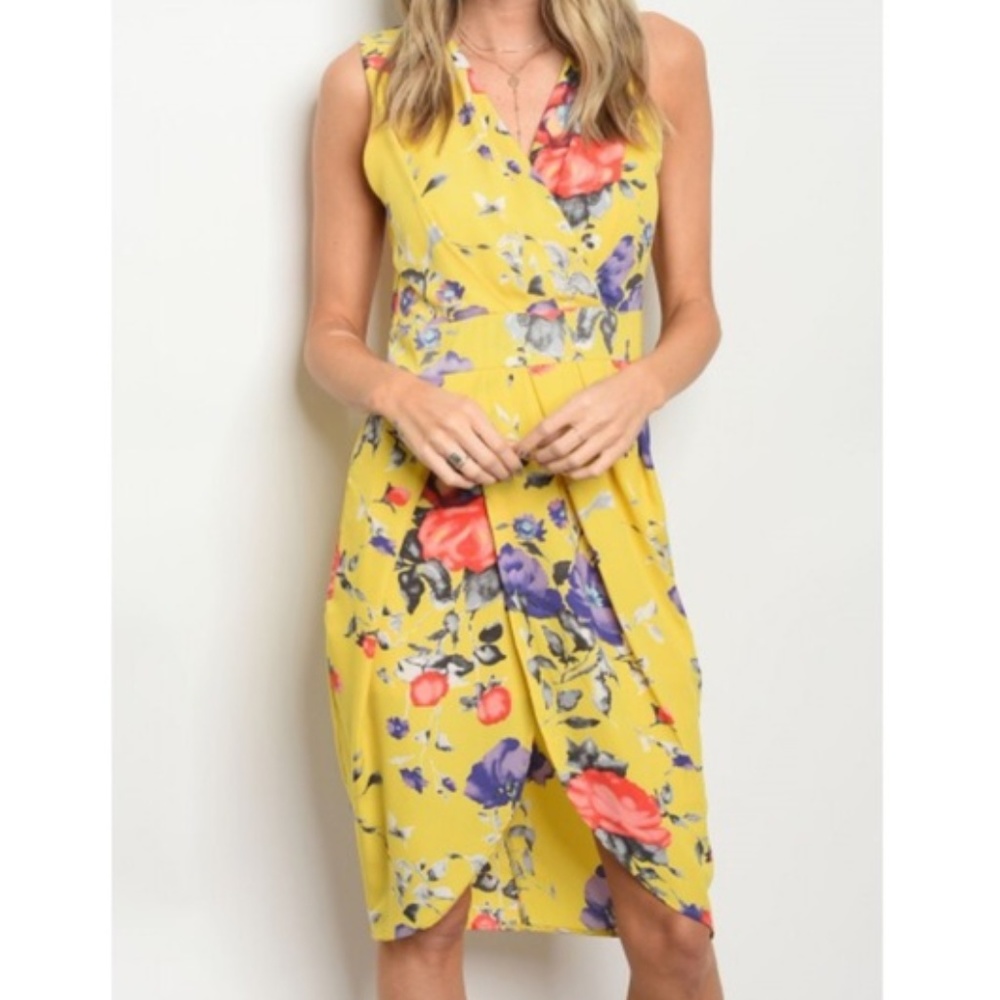NEW Yellow Bright Floral Cross Pleat Dress S M L